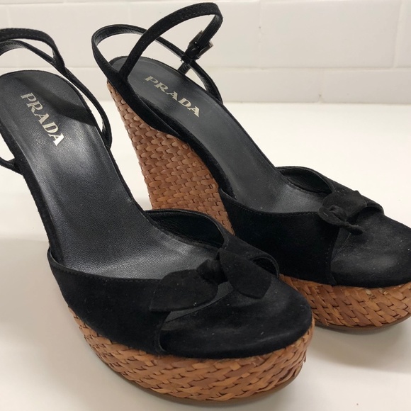 PRADA BLACK SUEDE + WICKER WEDGE PEEP TOE SANDALS - Picture 1 of 8